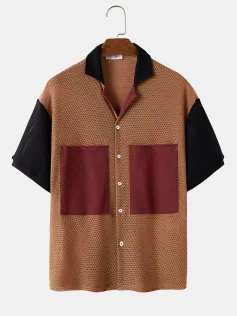 Mens Large Pocket Patchwork Revere Collar Knit Short Sleeve Shirts