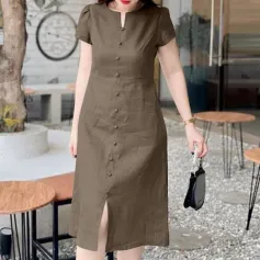 ZANZEA Women's Dresses Vintage Front Split Solid O-Neck Short Sleeve Dress