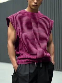 INCERUN Mens Solid Color Textured Stitching Striped Sleeveless T-Shirt