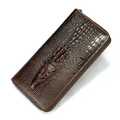 Ekphero Crocodile Print Men's Genuine Leather Wallet RFID Blocking Long Card Holder Purse Multi Card Slots Card Case Vintage Money Clip
