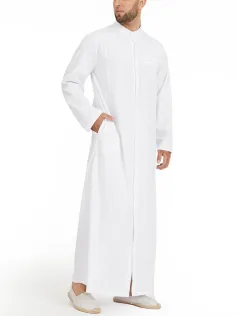 INCERUN Plus Size Men Long Shirt Stand Collar Button Long Sleeve Solid Long Robe Shirts