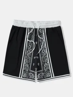 ChArmkpR Mens Ethnic Paisley Print Patchwork Ribbed Cuff Shorts
