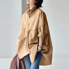 ZANZEA Womens Office Casual Solid Color Long Sleeve Shirts with Pockets Elegant Lapel Button Up Midi Blouse