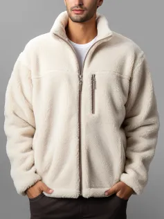 Chaqueta informal de polar con cuello alto y cremallera frontal para hombre