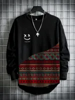 Mens Smile Vintage Geometric Print Patchwork Curved Hem T-Shirts