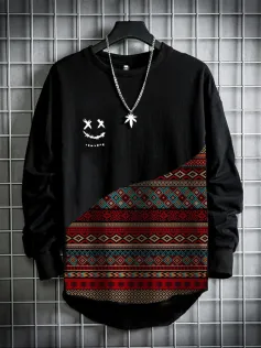 Mens Smile Vintage Geometric Print Patchwork Curved Hem T-Shirts