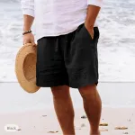 Men's Summer Cotton Linen Shorts Breathable Solid Black Drawstring Plus Size Beach Shorts Lightweight Casual Short Pants for Men Comfortable