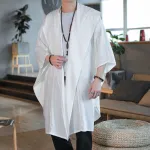 INCERUN Men Chinese Style Simple Hooded Poncho Coat Long Sleeve Cardigan Loose Fit Solid Color Long Hooded Shirt Plus Size