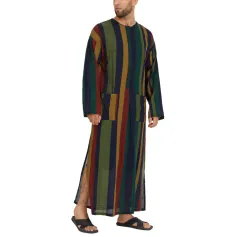 INCERUN Mens Striped Button Long Sleeve Long Shirt Cotton Linen Baggy Full Length Robe Casual Daily Retro Colorful Striped Robe for Men Plus Size, Spring Fall