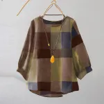 ZANZEA Women Retro Casual 3/4 Sleeve O Neck Shirt Top Plaid Loose Summer Ladylike Blouses