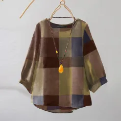 ZANZEA Women Retro Casual 3/4 Sleeve O Neck Shirt Top Plaid Loose Summer Ladylike Blouses