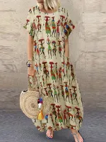 Women Ethnic Style Figure Print Round Neck Short Sleeve Loose Baggy Maxi Dresses