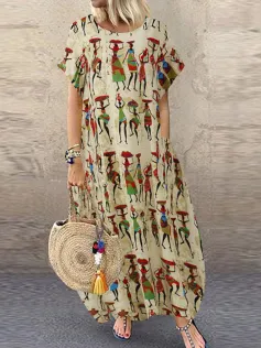 Women Ethnic Style Figure Print Round Neck Short Sleeve Loose Baggy Maxi Dresses