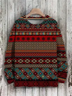 Mens Allover Ethnic Geometric Print Crew Neck Pullover Sweatshirts