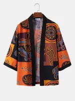 Mens Ethnic Totem Color Block Contrast Trim Cotton Kimono