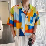 INCERUN Men Shirt Stylish Color Block Print Short Sleeve Shirt Summer Fashion Daily Cool Lapel Top Shirts Male Clothing
