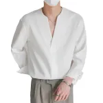 INCERUN Mens Shirts Solid Color Long Sleeve Top Shirts Summer Casual Daily V Neck Top Shirts Male Clothing