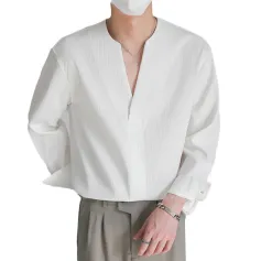 INCERUN Mens Shirts Solid Color Long Sleeve Top Shirts Summer Casual Daily V Neck Top Shirts Male Clothing
