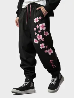 ChArmkpR Mens Japanese Cherry Blossoms Print Drawstring Waist Loose Pants Winter