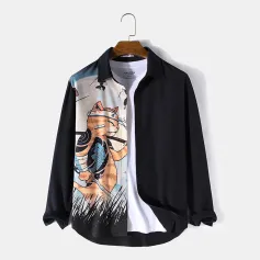ChArmkpR Mens Japanese Cat Fish Print Patchwork Long Sleeve Shirts