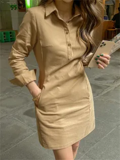 VONDA Women's Casual Solid Color Lapel Knee Dresses with Pockets