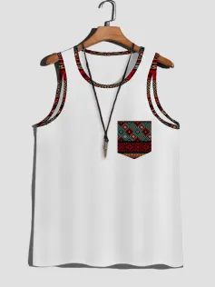 ChArmkpR Mens Ethnic Geometric Trim Print Knit Sleeveless Tanks