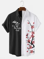ChArmkpR Mens Floral Print Contrast Patchwork Lapel Short Sleeve Shirts