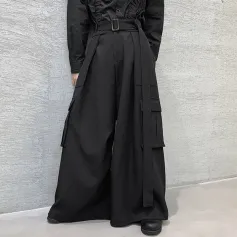 INCERUN Men Casual Black Pants Loose Joggers Solid Color Loose Wide Leg Overalls Trousers with Side Pocket Streetwear Casual Pantalones