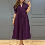 ZANZEA Women Vintage Fashion Solid Casual V-Neck Short Sleeve Dress Loose Fit with Side Pockets