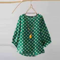 ZANZEA Women Summer Casual 3/4 Sleeve Blouses O Neck Polka Dot Loose Ladylike Shirt Top