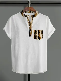 ChArmkpR Mens Leopard Wave Striped Print Texture Short Sleeve Henley Shirts