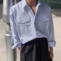 INCERUN Mens Striped Double-Pocket Long-Sleeve Shirt Casual Loose Fit Lapel Top for Male S-5XL
