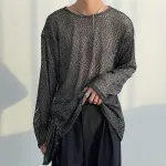 INCERUN Mens T-shirt Hollow Out Loose Fit Tee Fashion Casual Black T Shirt Summer Comfy Round Neck Long Sleeve Top