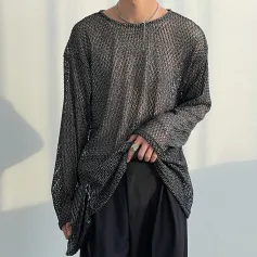 INCERUN Mens T-shirt Hollow Out Loose Fit Tee Fashion Casual Black T Shirt Summer Comfy Round Neck Long Sleeve Top