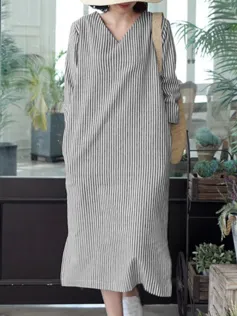 Stripe Print Slit Hem Pocket V-neck Dress