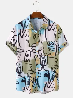 Mens Allover Graffiti Color Block Print Pocket Short Sleeve Shirts