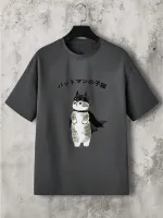 Mens Japanese Cartoon Cat Print Crew Neck Short Sleeve T-Shirts