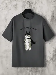 Mens Japanese Cartoon Cat Print Crew Neck Short Sleeve T-Shirts