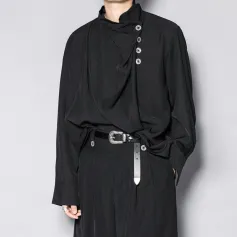 INCERUN Men Shirts Stylish Korean Loose Casual Half-High Piled Collar Long Sleeved Shirt Design Solid Color Mens Tops Spring & Summer