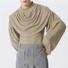 INCERUN Men's Layered Design Swing Collar Long Sleeve Tshirt Comfy Soft Loose Fit Sleeve T-Shirt for Men Plus Size