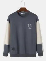 ChArmkpR Mens Smile Face Print Contrast Patchwork Pullover Sweatshirts