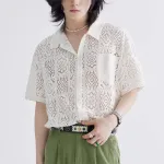 INCERUN Men Shirts Patchwork Lace Floral Lapel White Shirt Summer Daily Cool Short Sleeve Men's White Top