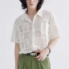 INCERUN Men Shirts Patchwork Lace Floral Lapel White Shirt Summer Daily Cool Short Sleeve Men's White Top