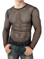 INCERUN Men Fashion Mesh See-through Casual Long Sleeve Hollow Black T-Shirt