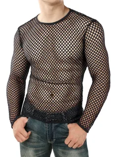 INCERUN Men Fashion Mesh See-through Casual Long Sleeve Hollow Black T-Shirt