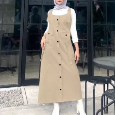 ZANZEA Solid Womens Square Neck Strappy Bib Dress Casual Loose Long Dresses